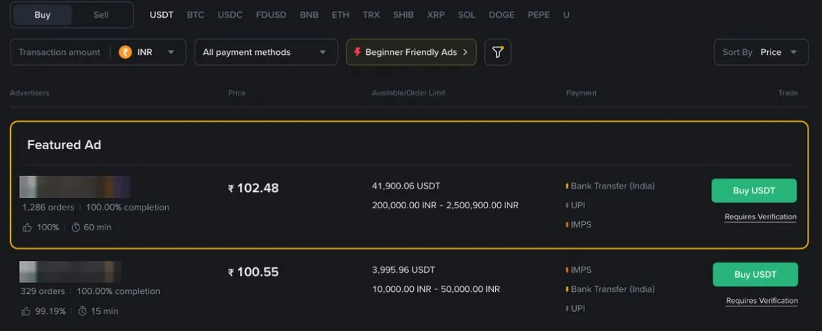 Binance P2P की अंग्रेज़ी स्क्रीन पर INR ऑफ़र; विज्ञापनदाताओं के नाम छिपाए गए हैं