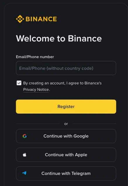 Binance sign-up form with an Email/Phone field, terms checkbox, Register button and Google, Apple and Telegram sign-in options