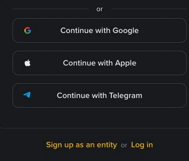 Binance sign-up options: Continue with Google, Continue with Apple, Continue with Telegram, and links to sign up as an entity or log in