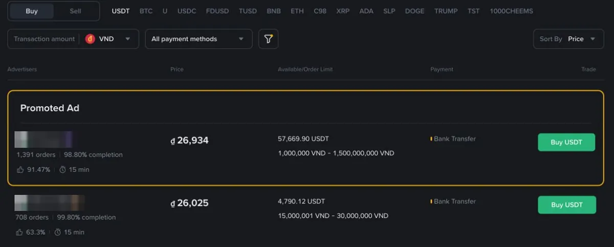 币安 P2P 英文界面的公开越南盾报价列表，商家昵称已隐藏